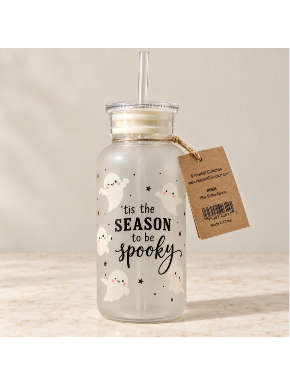 Heartfelt Collection Ghost Glass Tumbler 16 oz Halloween Lid & Straw